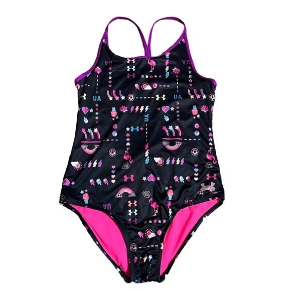 Under Armour One Piece Swimsuit Size 16 Black Hot Pink Modest Lined Graphic - Picture 1 of 9